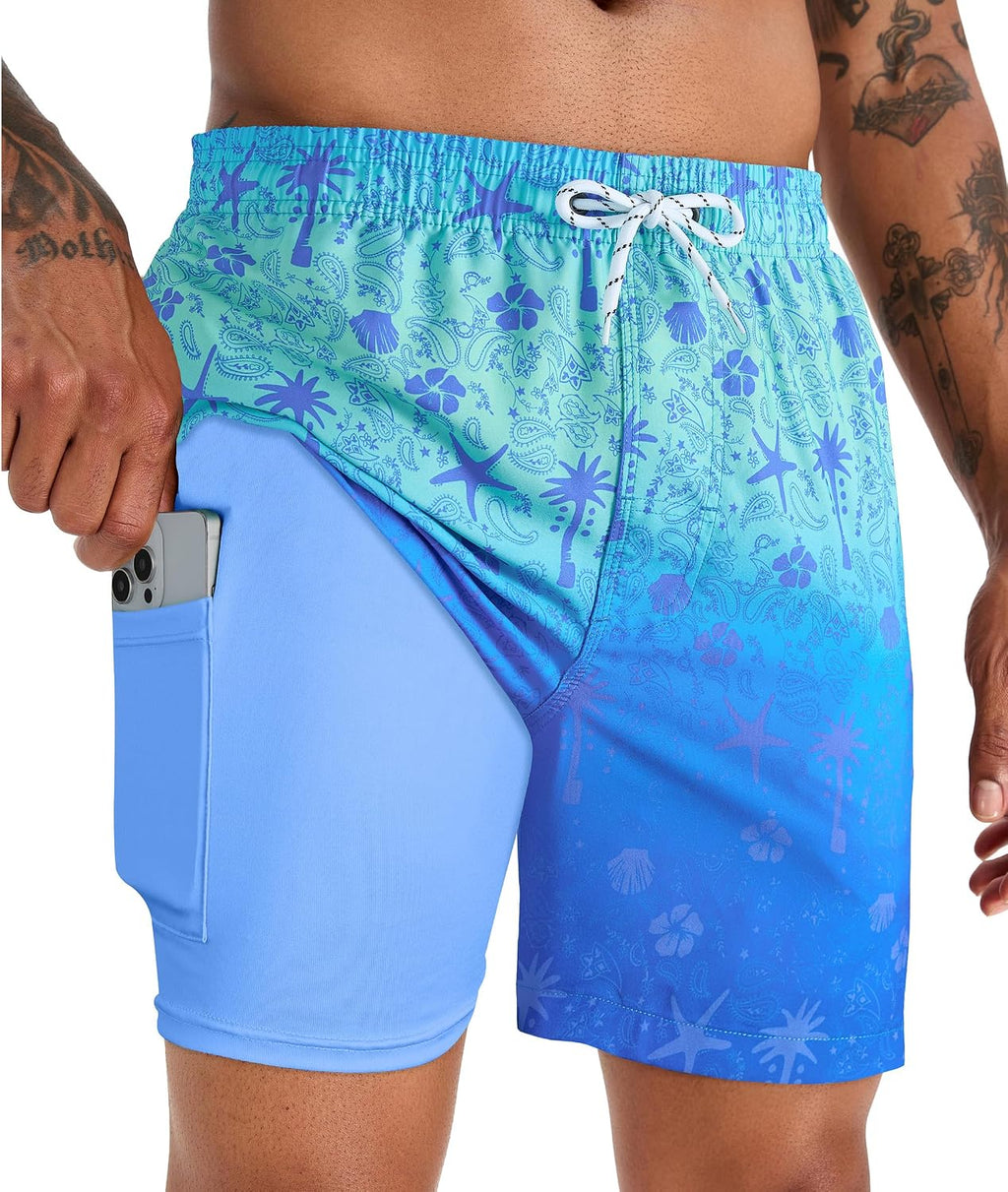 Men's 5 Inch Swim Trunks - Printed Beach Bathing Suit with Compression Liner and Elastic Waist for Poolside - 1X