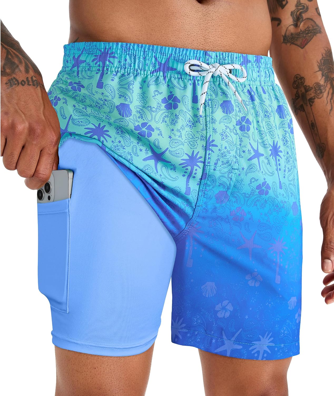 Men's 5 Inch Swim Trunks - Printed Beach Bathing Suit with Compression Liner and Elastic Waist for Poolside - 1X