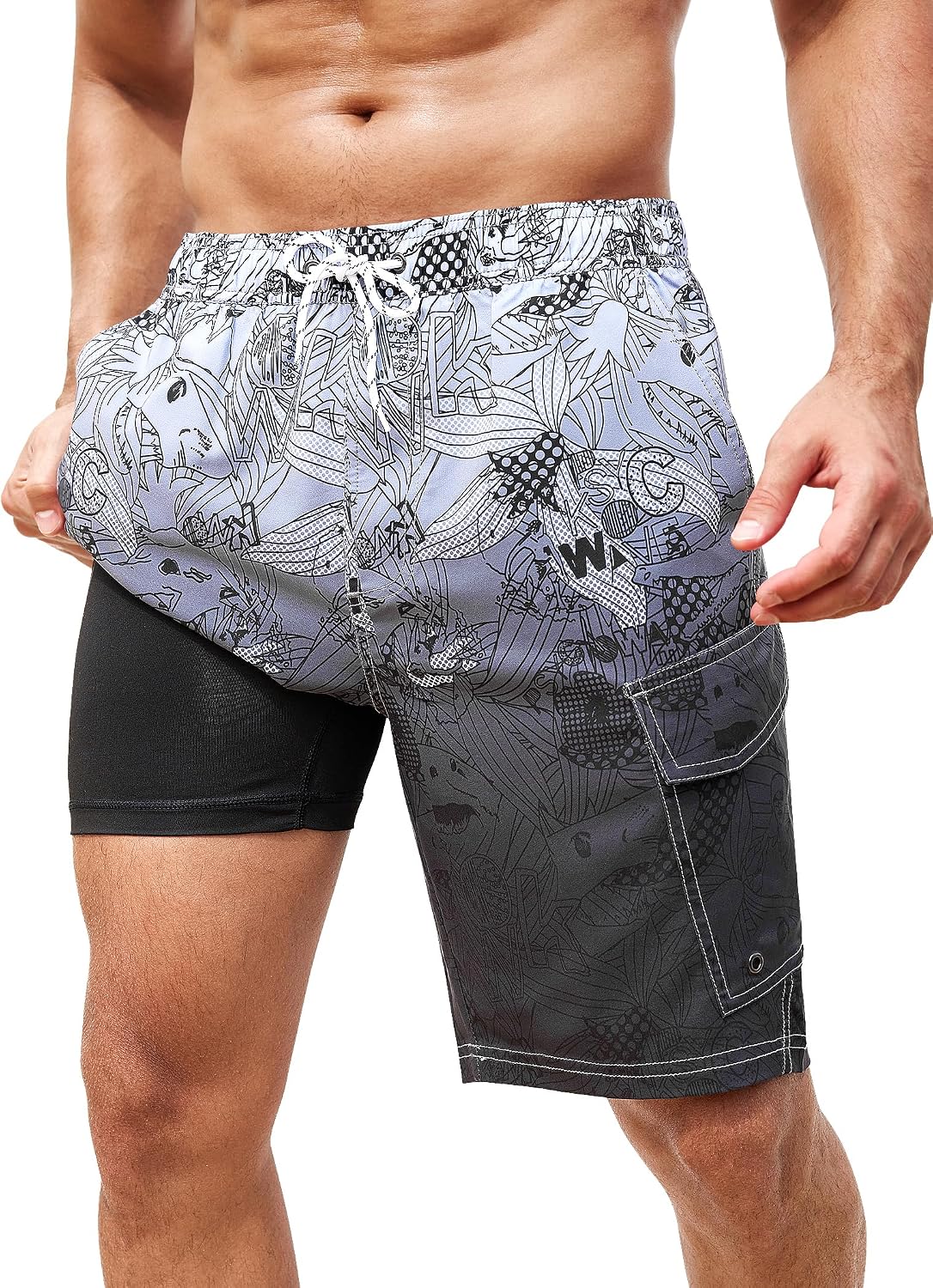 Men's Cargo Swim Trunks - 9 Inch Board Shorts with Compression Liner and Deep Side Pockets for Water Parks - Medium