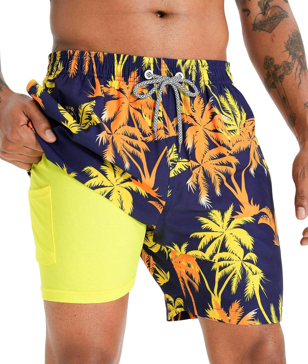 Men's 5 Inch Swim Trunks - Printed Beach Bathing Suit with Compression Liner and Elastic Waist for Poolside - Large
