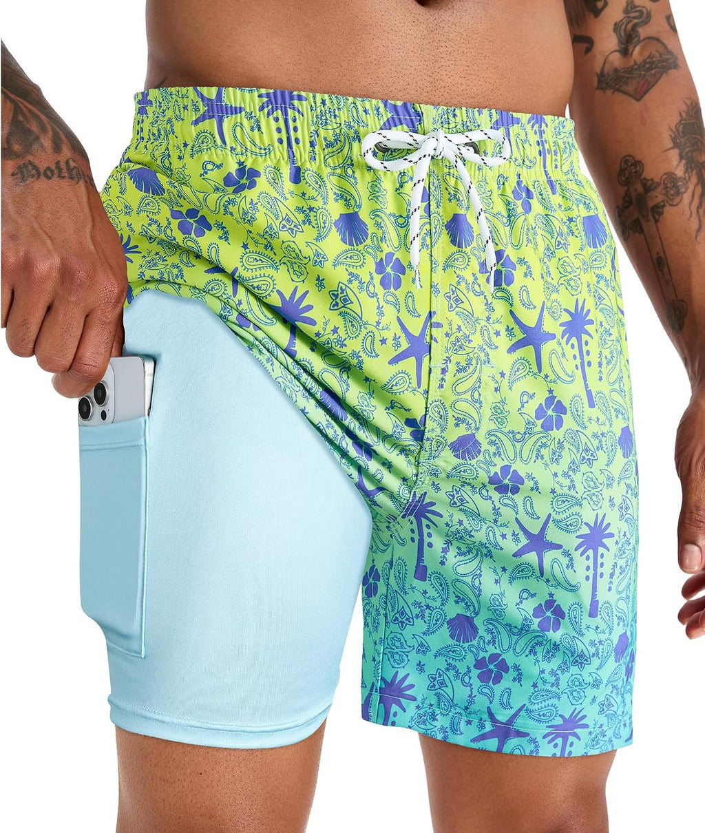 Men's 5 Inch Swim Trunks - Printed Beach Bathing Suit with Compression Liner and Elastic Waist for Poolside - Small
