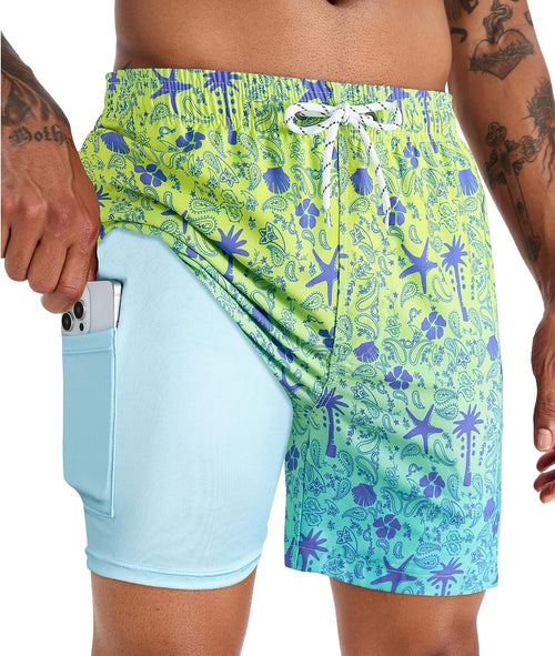 Men's 5 Inch Swim Trunks - Printed Beach Bathing Suit with Compression Liner and Elastic Waist for Poolside - Small
