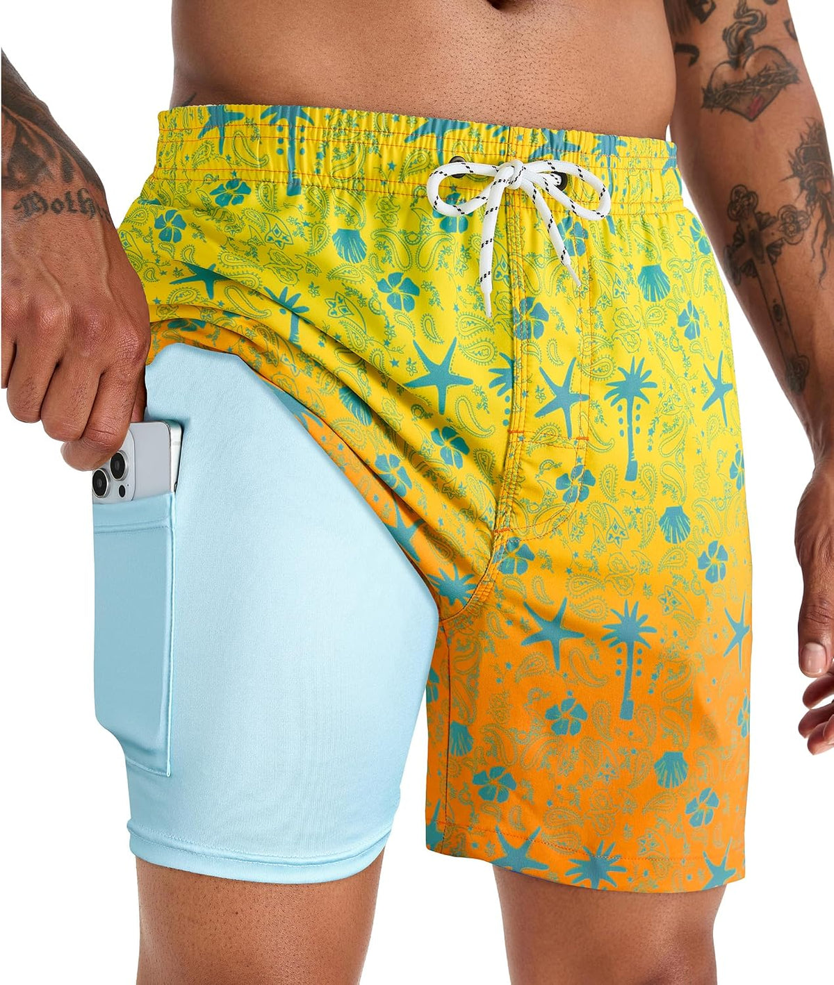 Men's 5 Inch Swim Trunks - Printed Beach Bathing Suit with Compression Liner and Elastic Waist for Poolside - Medium