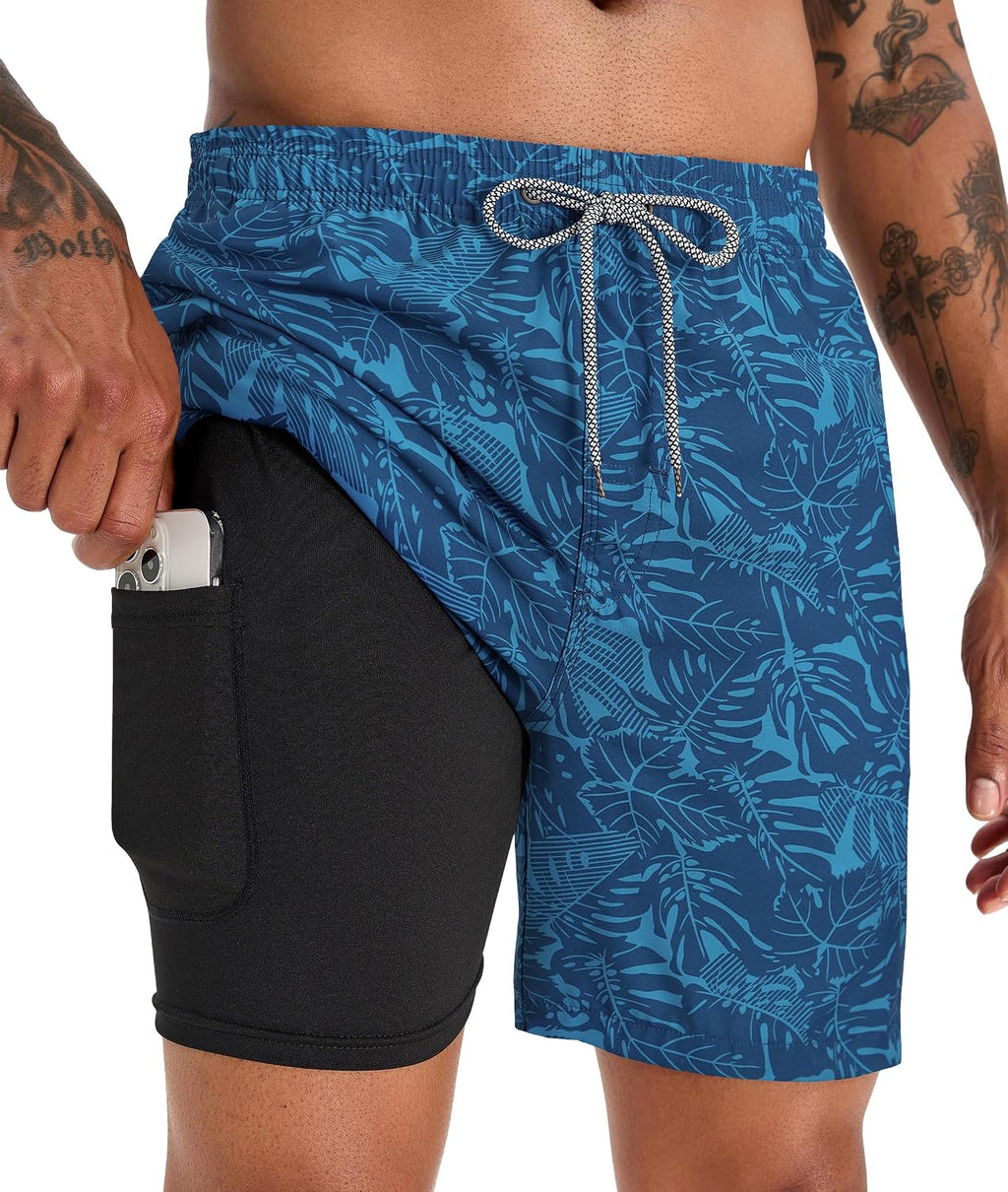 Men's 5 Inch Swim Trunks - Printed Beach Bathing Suit with Compression Liner and Elastic Waist for Poolside - Small