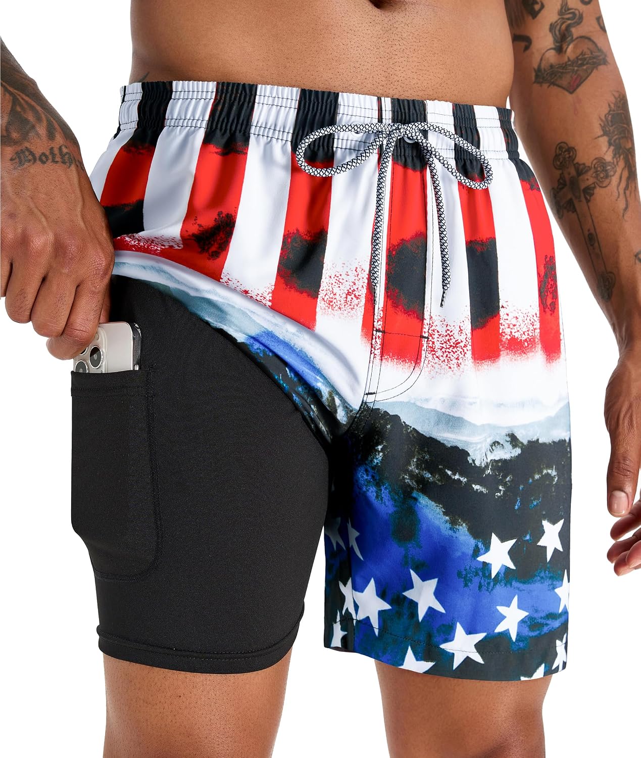 Men's 5 Inch Swim Trunks - Printed Beach Bathing Suit with Compression Liner and Elastic Waist for Poolside - Small